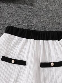 SHEIN 2pcs/Set Tween Girls Knitted Pearl Button Black And White Contrast Color Set,Elegant Summer Tea Party Outfit For Birthday,Dining,Holiday,Leisure - White - View 4