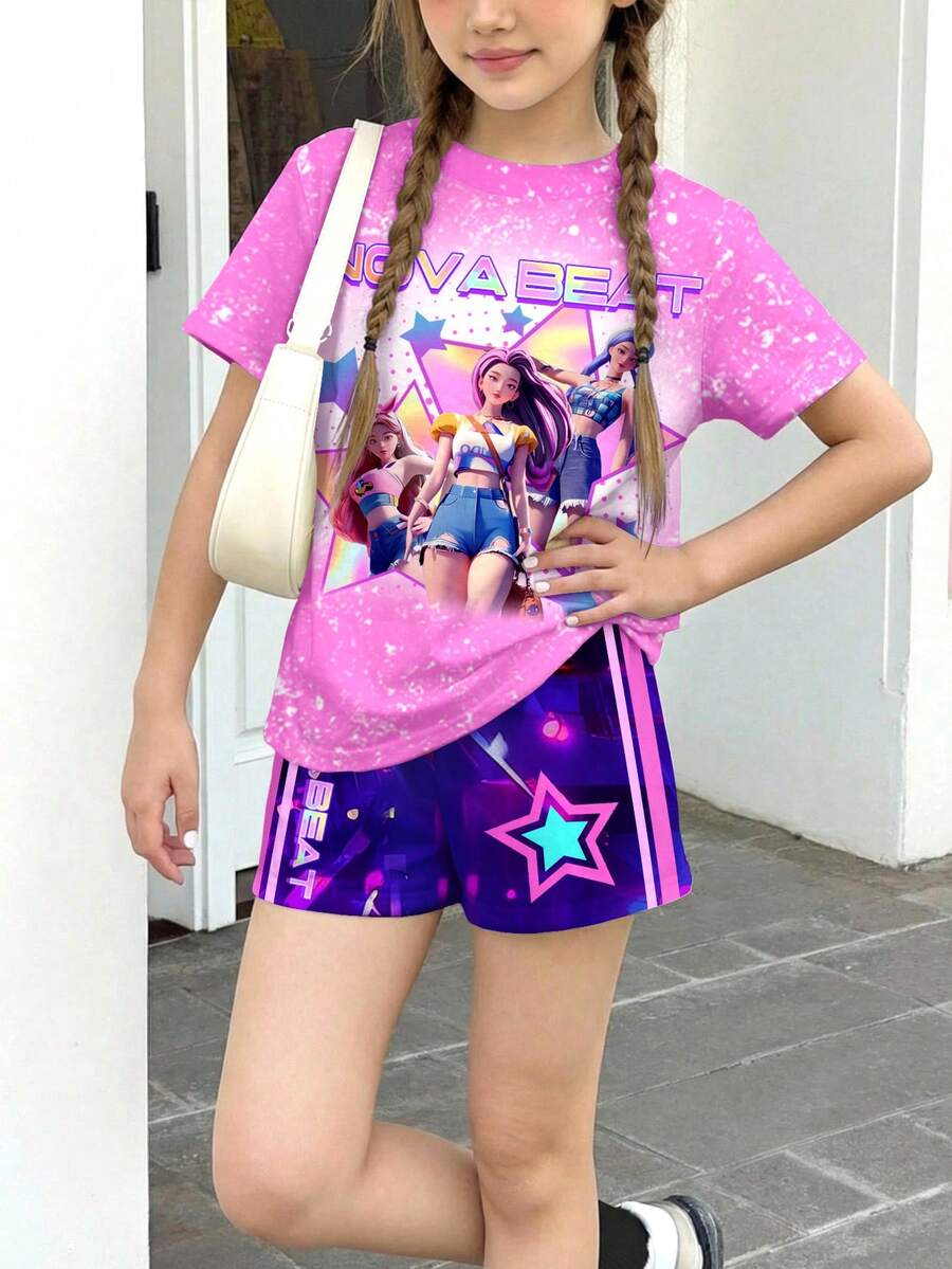 2件套扎染玫红色和荧光海军蓝卡通女孩图案休闲宽松圆领短袖T恤和短裤套装，适合青少年女孩日常穿着、街头风格、外出、居家、春夏度假。 - 彩色 - 查看 1