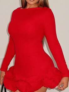 Maria Perezxox 秋冬夏季圣诞服装新年服装新年连衣裙甜美蓬蓬裙红色连衣裙优雅长袖连衣裙 - 紅色 - 查看 6