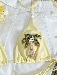 Swim Vcay 女士泳衣 - 优雅复古性感海洋风比基尼纯色度假/沙滩装比基尼泳衣，适合女士度假、情人节派对、泳池、度假穿着 - 黃色 - 查看 3