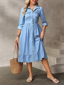 EMERY ROSE 女士翻领单排扣口袋休闲度假约会外出长袖牛仔连衣裙 - 藍色 - 查看 3