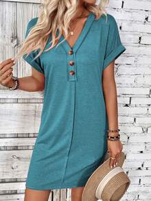 EMERY ROSE Women's Solid Color V-Neck Short Sleeve Button Design Casual Dress - Blue - View 4