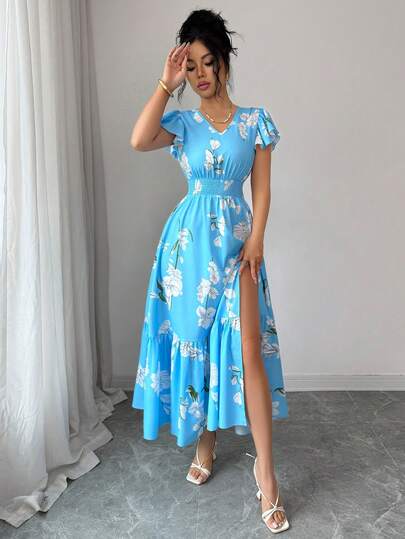 Elenzga 新款褶皱梭织印花荷叶袖褶皱腰部开衩设计显瘦优雅女装