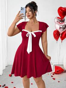 Elenzga Plus Size Elegant Short Knitted Dress In Burgundy With Sweetheart Neckline And Short Sleeves - Burgundy - View 7