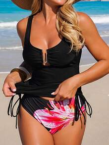 Swim Lushoire 新款夏季沙滩休闲度假性感优雅女士两件式泳衣，上衣饰有金属扣，印花面料泳裤，坦克背心式泳装套装 - 黑色 - 查看 3