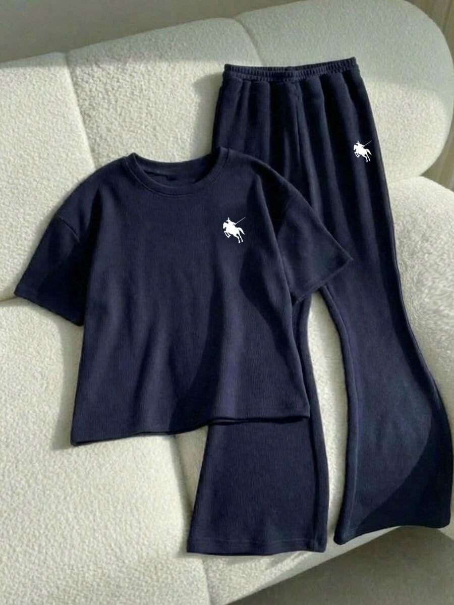 Teen Girl 2-Piece Set: Loose Fit Crew Neck Short Sleeve T-Shirt And Flare Pants, Navy Blue With White Horse Print, Casual And Fashionable, Suitable For Spring/Summer Daily Wear, Home, Vacation, School, Holidays - Multicolor - View 1