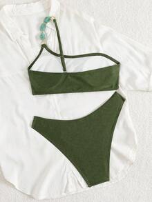 Swim Chiccia 女士夏季沙滩音乐节棕色亮面面料串珠单肩优雅比基尼套装 - 軍綠色 - 查看 2