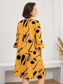 Miaspire Abito corto a tunica da donna con scollo tondo, maniche a tre quarti a balze e volant, stampa all-over, casual, giallo, orlo dritto - Giallo - Visualizzare 2