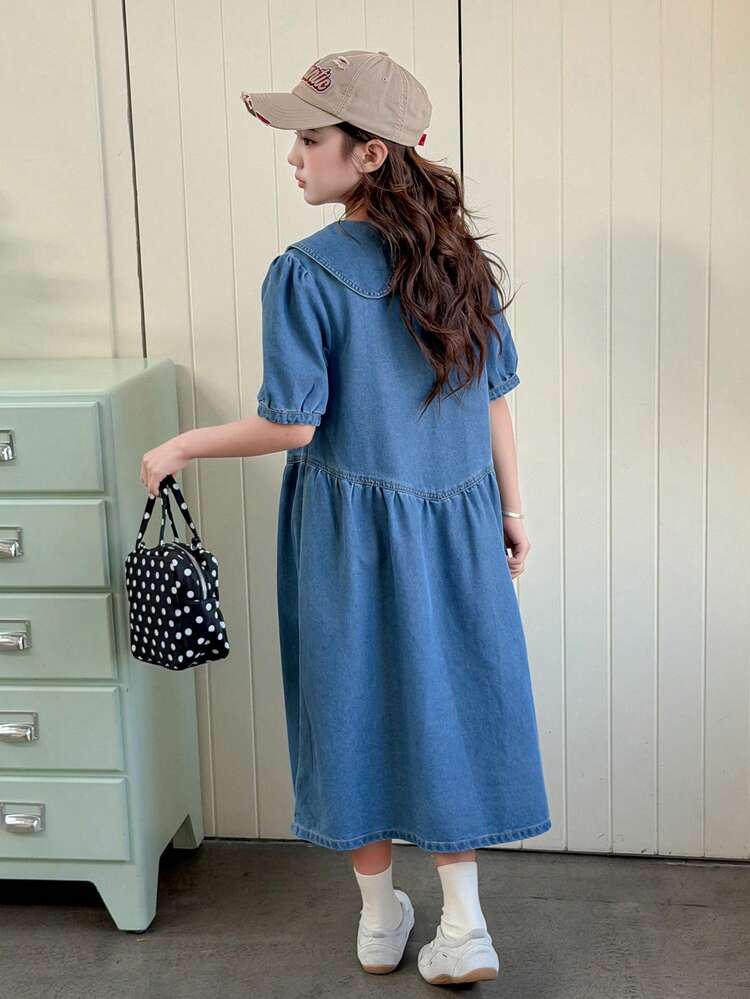 Tween Girls Peter Pan Collar Puff Sleeve Denim Dress