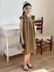 DAZY Tween Girl Allover Print Ruffle Hem Round Neck Casual Dress - Green - View 3