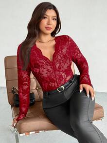 Firerie Top elegant casual mărimă mare, cu dantelă, decolteu în V, mânecă lungă, elastic, versatil pentru purtare zilnică și vacanță, primăvară/toamnă - roșu - Vizualizare 5