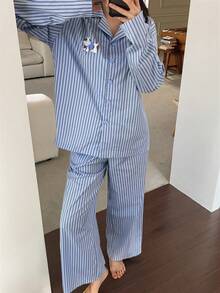 DAZY 2件套秋季棉质卡通小狗条纹宽松开衫长袖长裤女式睡衣套装 - 藍色 - 查看 10