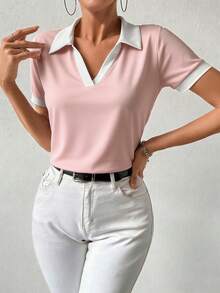 RosyDaze 女士V领短袖T恤，休闲日常穿着及通勤皆宜。 - 淺粉色 - 查看 3