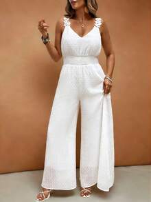 EMERY ROSE Plus Size Elegant French Style Jacquard Floral Trim Waist Straight Leg Jumpsuit, Suitable For Commute, Casual, Vacation, Spring/Summer Elegant Jumpsuits For Woman Wedding Women's Holiday Co Ord Bridal Jumpsuit White Jumpsuit Sleeveless Jumpsuit Womans Jumpsuit - White - View 6