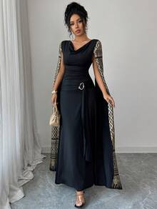 Rafferiza Women's Elegant Draped Neck Metal Buckle Waist Flared Hem Gold Foil Long Sleeve Dress - Black - View 3