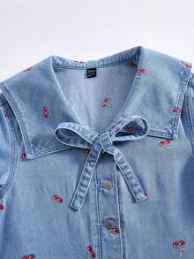 SHEIN MOD 女士夏季休闲度假情人节约会樱桃刺绣结水手领短袖牛仔连衣裙 - 藍色 - 查看 5