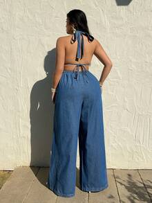 Sunnyshic Sexy Sleeveless V-Neck Loose Denim Jumpsuit - Blue - View 2