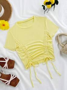 Flirla Women's Solid Color Round Neck Short Sleeve Drawstring Ruched T-Shirt,Cute Yellow Summer Tops For Vacation,Holiday Casual Versatile Ruched Top - Pale Yellow - View 6