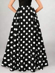 Rafferiza Women's Casual Polka Dot Pattern Long Skirt, Full Swing Maxi Women Outfit - Black - View 1