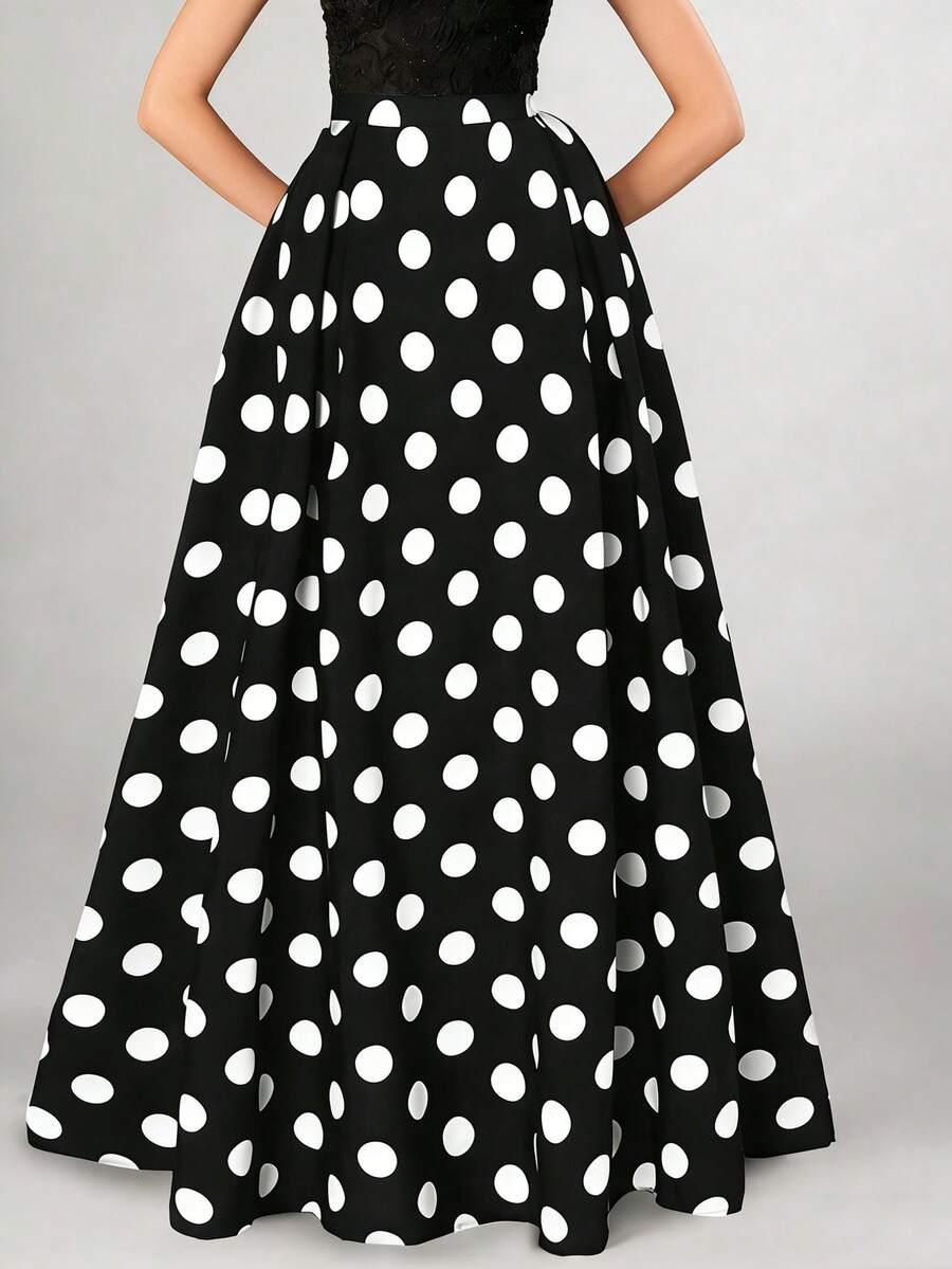 Rafferiza Women's Casual Polka Dot Pattern Long Skirt, Full Swing Maxi Women Outfit - Black - View 1