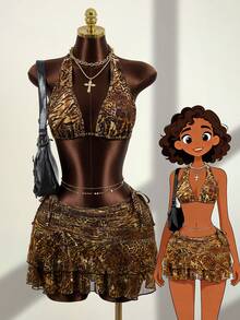 Zestiva 女士豹纹三角罩杯挂脖系带高衩褶皱网纱荷叶边下摆三件套吊带泳衣套装 - 彩色 - 查看 6