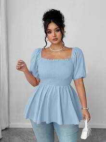 Elenzga Áo kiểu xếp ly thời trang cỡ lớn dành cho nữ, cổ vuông, thanh lịch, đa năng, ôm eo, kiểu dáng sành điệu. - Màu xanh lam - Xem 6