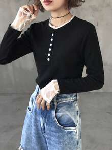FRIFUL Women's Contrast Color Patchwork Sheer Lace Contrast Button Ribbed Fabric Slim Fit T-Shirt, Suitable For Spring - Black - View 4