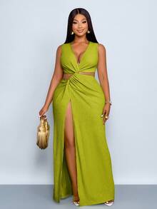 SOLERSUN Đầm dài gợi cảm, màu trơn, chất liệu vải dệt họa tiết, eo khoét rỗng, xoắn nhẹ, xẻ cao, dành cho nữ cỡ lớn, thích hợp cho kỳ nghỉ biển. - Limelight Green - Xem 5