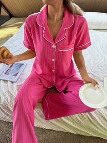 Contrast Trim Lapel Cardigan Women Pajama Set - Hot Pink - View 3