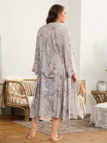 SHEIN 2pcs/Set Floral Print Long Sleeve Robe + Lace Camisole Plus Size Robe, Vacation Style - Multicolor - View 2