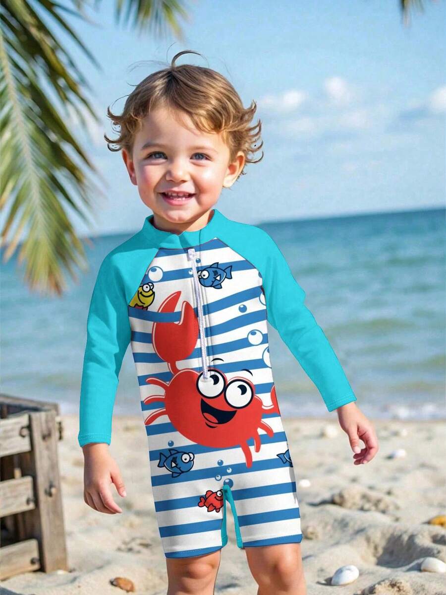 SHEIN Young Boy Casual Slim Fit Round Neck Long Sleeve One-Piece Swimsuit, Suitable For Summer - Multicolor - View 1