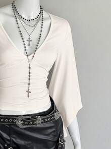 EgrlEra 女士性感深V领喇叭袖修身T恤，秋季款 - 杏色 - 查看 7