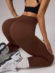 Dewbera Quần legging yoga cạp cao không đường may dành cho nữ, chất liệu da màu nude, không đường may, ôm sát cơ thể, thích hợp cho chạy bộ, tập thể dục, tập luyện, màu nâu. - màu nâu - Xem 1