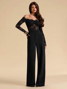 SHEIN BAE Black Lace Sexy Sheer Hollow-Out One-Shoulder Jumpsuit For Women, Elegant Ladies Jumpsuit, Lace Wide-Leg Jumpsuit - Black - View 5