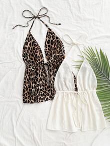 Soleia 两件套度假性感豹纹吊带V领露背系带纹理面料红色吊带背心，适合假日、约会、下午茶、度假、音乐节、波西米亚风等场合。 - 彩色 - 查看 4