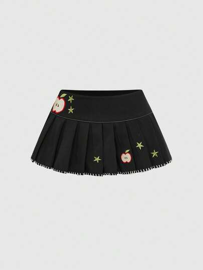 ROMWE Kawaii Women's Cute School Style All-Match Versatile Pleated Mini Skirt With Apple & Star Embroidery, Super Low Waist