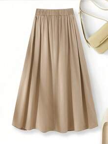 SHEIN Franclia Chân váy xếp ly đơn sắc tối giản dành cho nữ, thích hợp mặc hàng ngày. - Màu Khaki - Xem 2