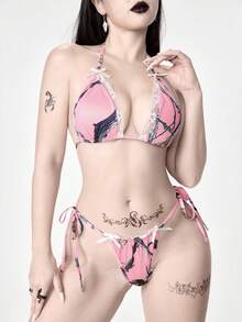 ROMWE J-Fashion 女士全罩杯蕾丝边系带三角杯文胸和丁字裤内衣套装 - 粉色 - 查看 1