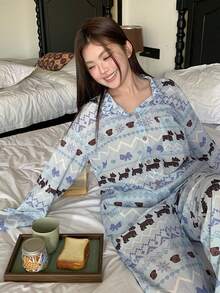 Dazy Plus Cute Cartoon Print Loose Cardigan Top And Pajama Pants Sleepwear Set, Suitable For Spring And Autumn - Blue - View 7