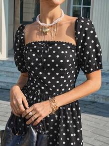 EMERY ROSE Women's Spring And Summer Knitted Dot Linen-Mix One-Shoulder Ruffled Bow Bubble Sleeve A-Line Tea Dress, Black And White Polka Dot Elegant Style - Black - View 4