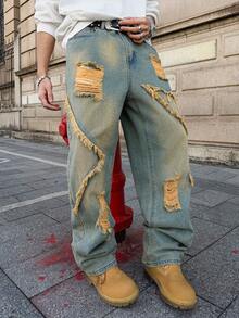 Manfinity EMRG Men's Pocket Distressed Frayed Hem Loose Fit Casual Grunge Jeans Rave Light Blue Summer - Multicolor - View 3