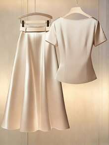 Franclia Women's French-Style Exquisite Elegance, Champagne-Colored Woven Fabric, High-Quality Satin Satin Material, Cowl Neck Short Sleeves, Pleated Waist Design, A-Line Skirt For Romantic Dates, Or For Work Commutes. Women's Tops, Women's Skirts, Elegant Women's Tops, Elegant Women's Two-Piece Sets, Women's Summer Two-Piece Sets, Summer Tops, Summer Skirts, New Summer Women's Two-Piece Sets.Graduation Season Attire, Fashionable Casual Commuter Wear, Business Office Wear, Versatile And Stylish Everyday Casual Wear, Urban Teacher's Professional Attire - Champagne - View 2
