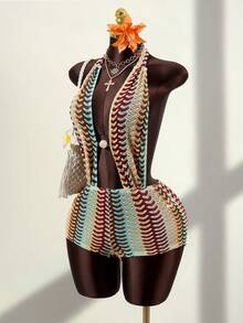 Zestiva 女士夏季沙滩网纱蕾丝印花无袖露背吊带串珠性感紧身度假连体衣 - 彩色 - 查看 4