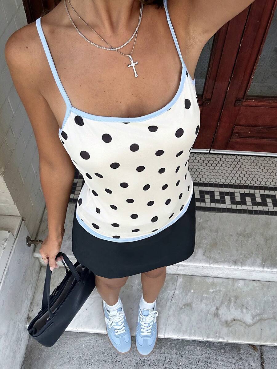 MainGRL Women's Summer 2026 New Casual Beach Vacation Style Daily Commute Polka Dot Print Contrast Trim Fitted Camisole Top New Preppy Coquette Style Beige Black Polka Dot Cami Top, Contrast Blue Binding Spaghetti Strap Slim Fit Women's Top, Daily Streetwear & Casual Date, Cute Retro - White - View 1