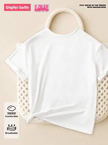 SHEIN GraphicGems Áo thun trắng cơ bản dành cho bé gái tuổi teen, phong cách thường ngày, sáng tạo, cá tính, tươi mới, tối giản, điểm nhấn là nơ trang trí lấp lánh, in chữ và khẩu hiệu, thoải mái khi mặc hàng ngày, phù hợp cho mùa xuân, hè và thu. - trắng - Xem 2