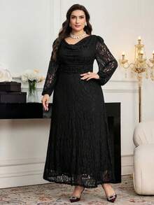 Modelyn Đầm ren thanh lịch cổ khoét sâu tay phồng dành cho phụ nữ cỡ lớn - màu đen - Xem 7