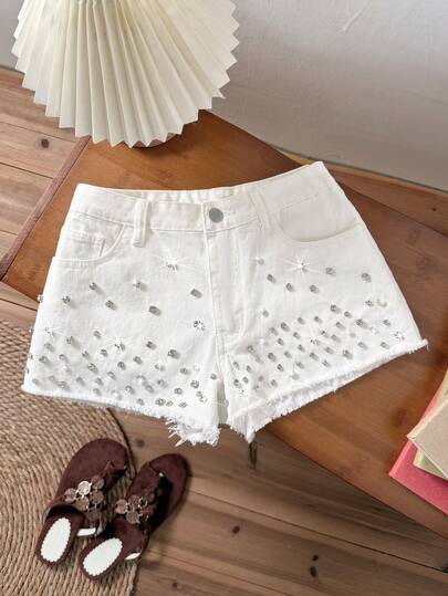 Comfortcana Women's Summer Casual Fashion Street Chic Daily Commute Rhinestone Frayed Hem Denim Shorts Summer Clothes  Spring Outfit Women Valentine Clothes Carnival Outfit Beach Shorts Party Shorts Vacation Outfits Women Casual Women Outfits  Shorts Glitter Women Sequin Shorts Sparkly Shorts Shiny Shorts White Shorts