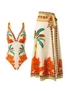 Swim Oasis Bộ đồ bơi liền thân họa tiết cây cọ nhiệt đới và hoa, kèm váy, trang phục đi biển thanh lịch cho mùa hè. - Nhiều màu - Xem 3