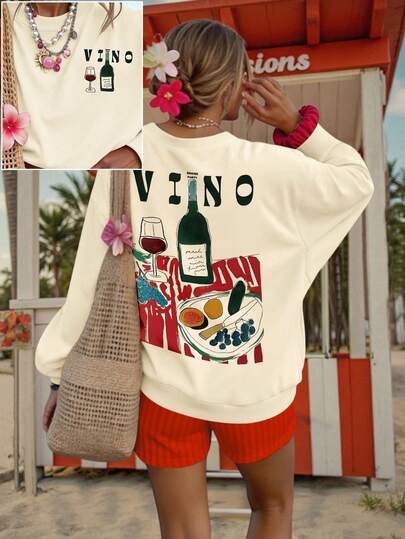 DrmWander Christmas Theme Graphic Print, High-Quality Pigment Dyed Holiday Pullover, Christmas Flower Round Neck Long Sleeve Fleece Sweatshirt