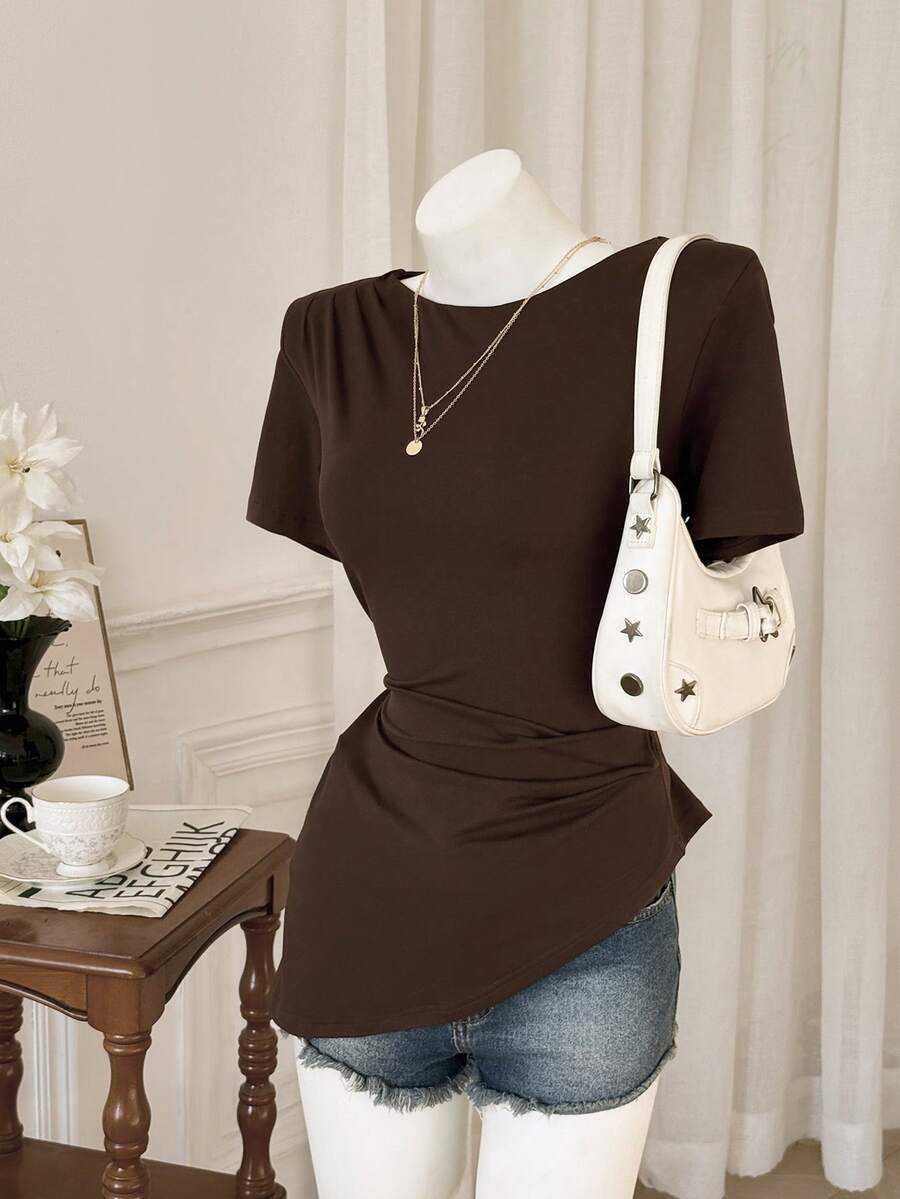 Modelyn Camiseta de manga corta con cintura fruncida asimétrica, verano - Café integral - Ver 1